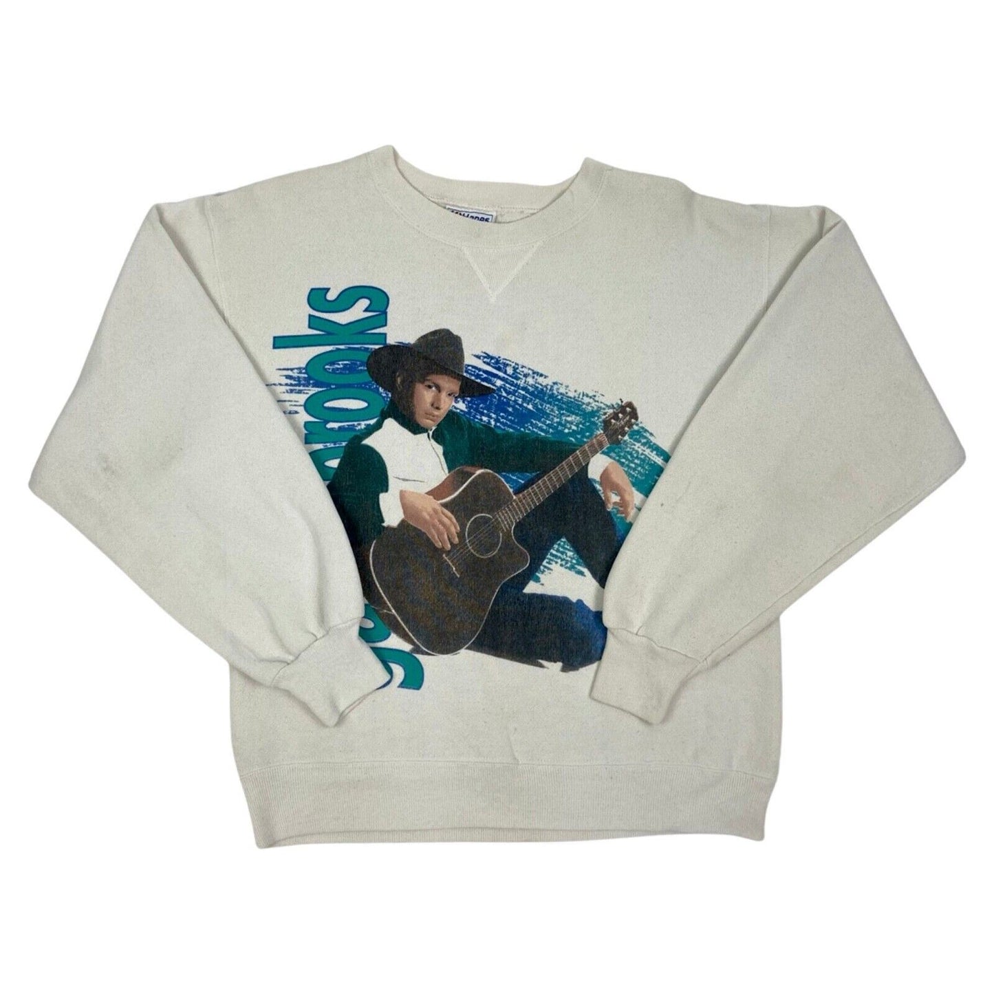 VTG 1992 White Blue Garth Brooks Double Graphic Music Sweatshirt Jumper M