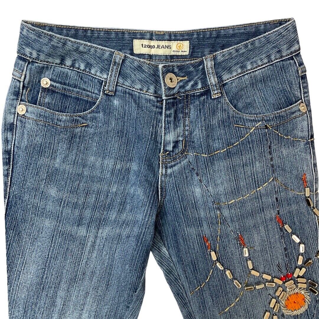 Vintage Y2K Blue Embellished Embroidered Spider Web Bootcut Denim Jeans 8 10 S