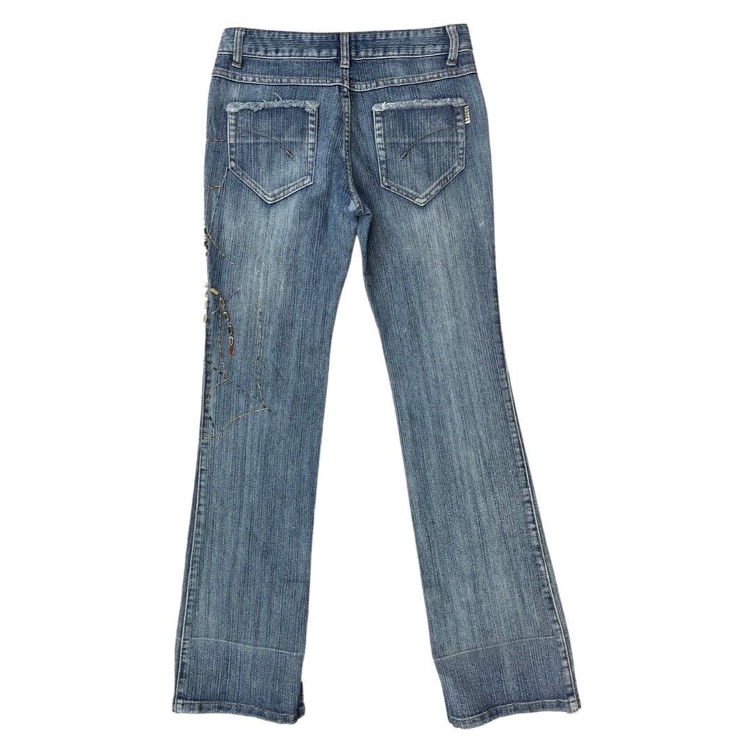 Vintage Y2K Blue Embellished Embroidered Spider Web Bootcut Denim Jeans 8 10 S