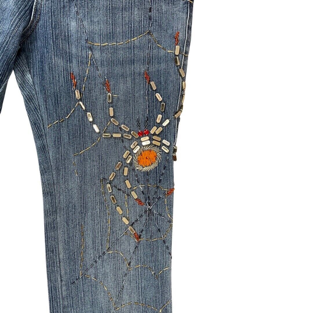 Vintage Y2K Blue Embellished Embroidered Spider Web Bootcut Denim Jeans 8 10 S