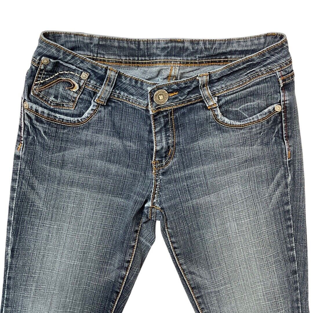 Vintage 90s 00s Y2K Dark Blue Embroidered Denim Distressed Bootcut Jeans 10 12