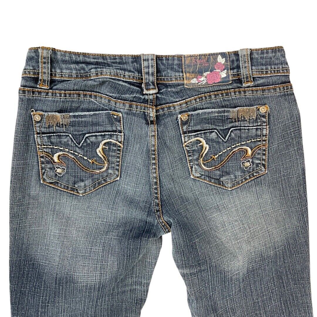 Vintage 90s 00s Y2K Dark Blue Embroidered Denim Distressed Bootcut Jeans 10 12