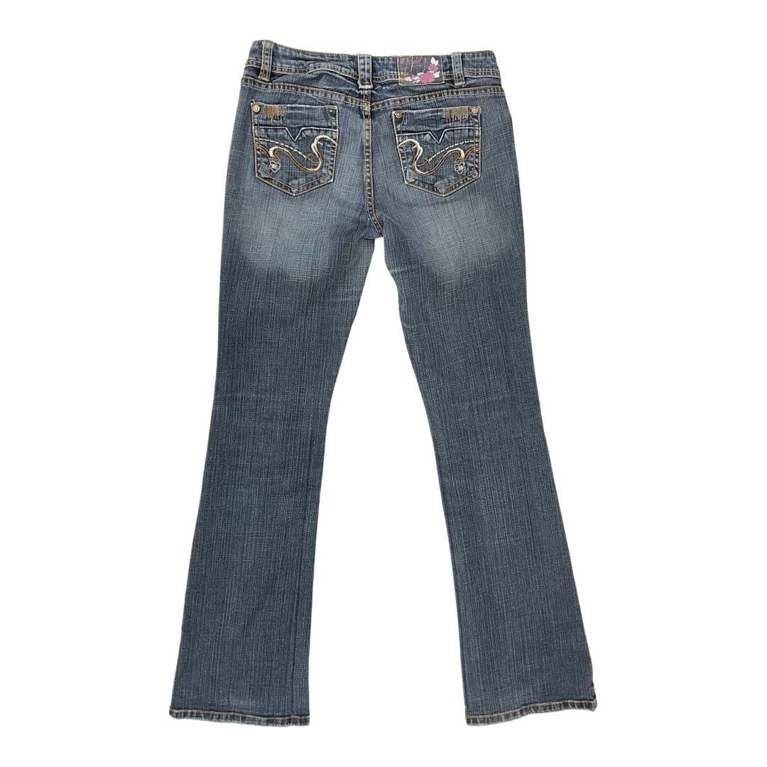 Vintage 90s 00s Y2K Dark Blue Embroidered Denim Distressed Bootcut Jeans 10 12