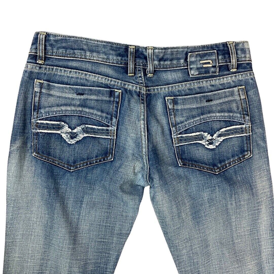 Vintage 90s 00s Y2K Blue Diesel Embroidered Distressed Denim Bootcut Jeans 14 M
