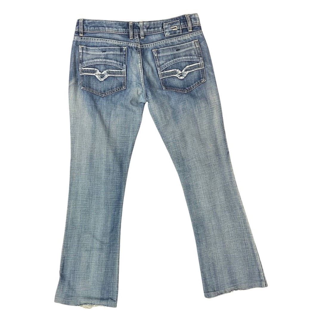 Vintage 90s 00s Y2K Blue Diesel Embroidered Distressed Denim Bootcut Jeans 14 M