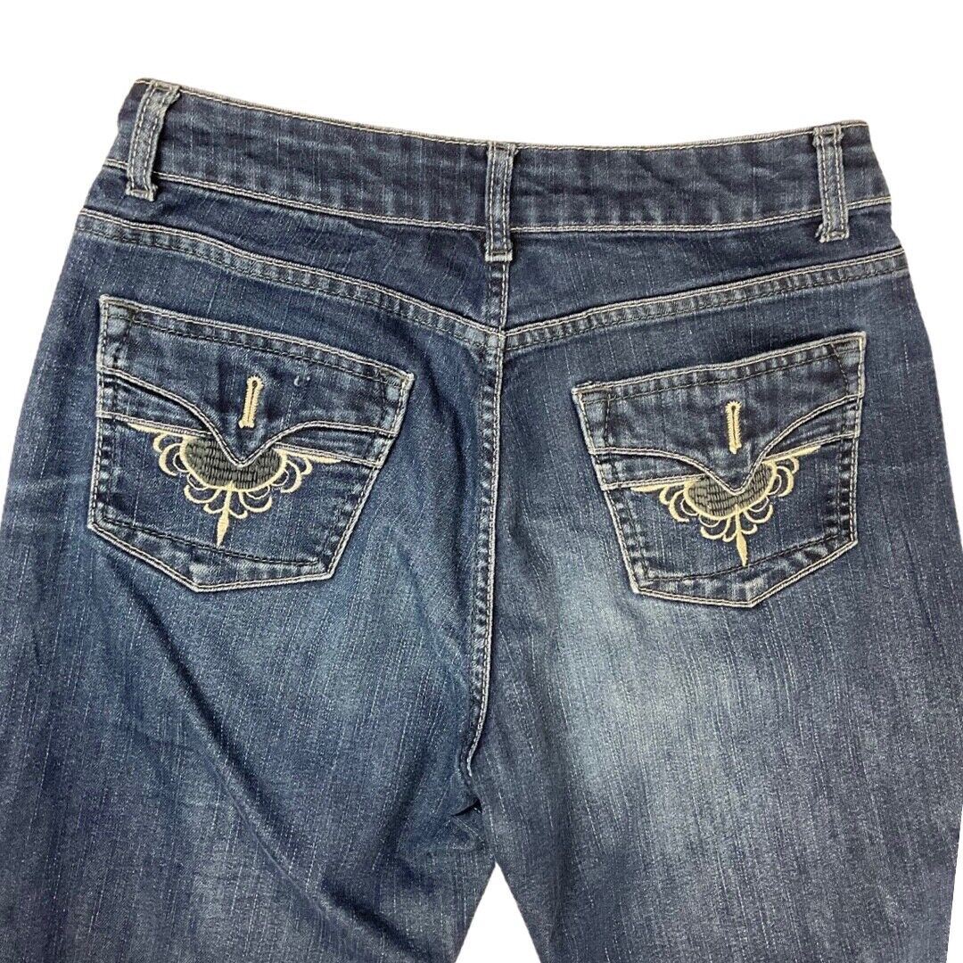 Vintage Y2K Blue White Embroidered Swirl Distressed Bootcut Denim Jeans 10 S