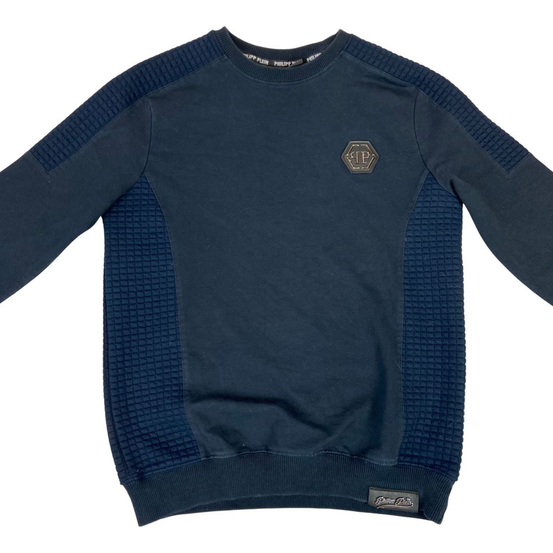 Vintage 90s 00s Navy Blue Embossed Philipp Plein Crew Neck Jumper M