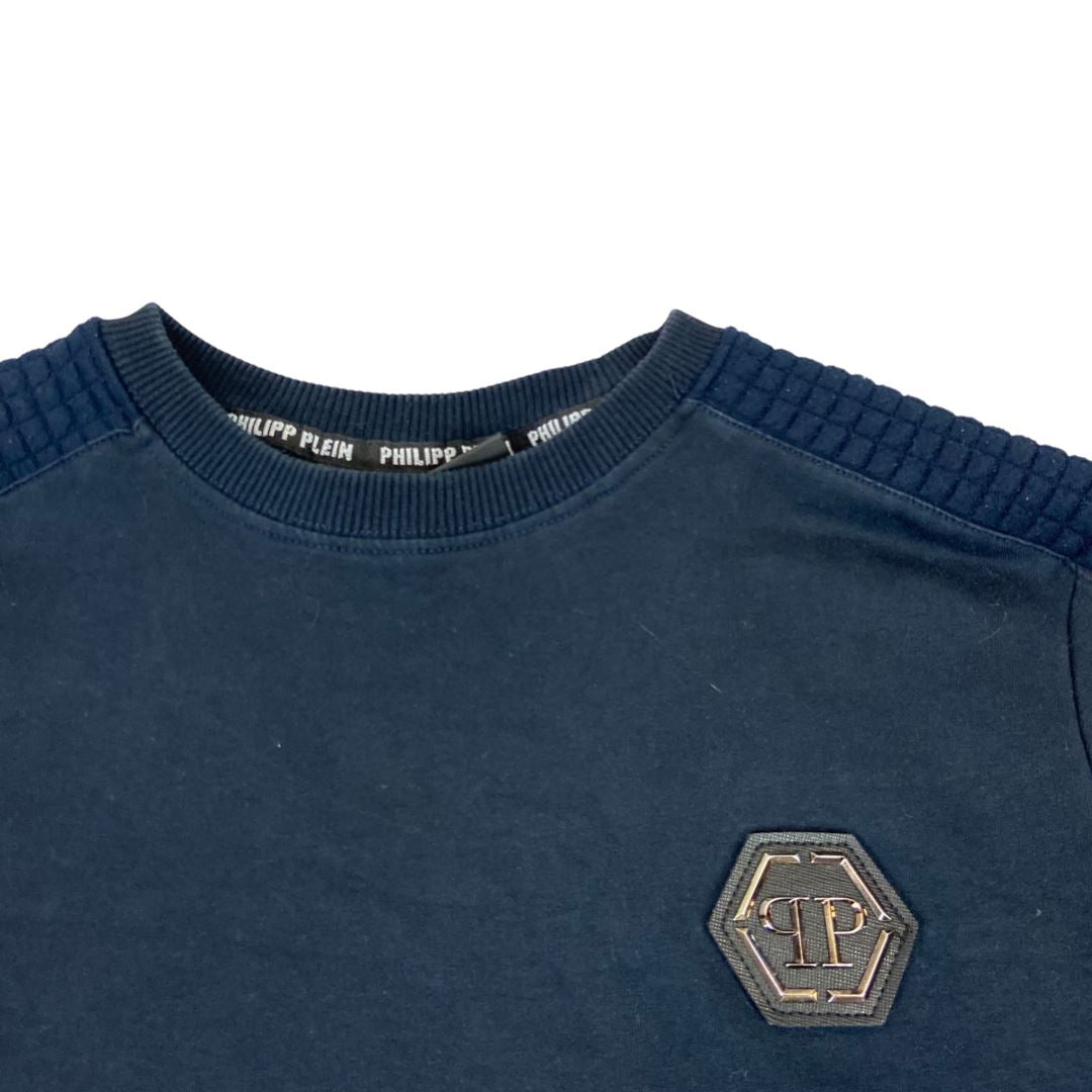 Vintage 90s 00s Navy Blue Embossed Philipp Plein Crew Neck Jumper M