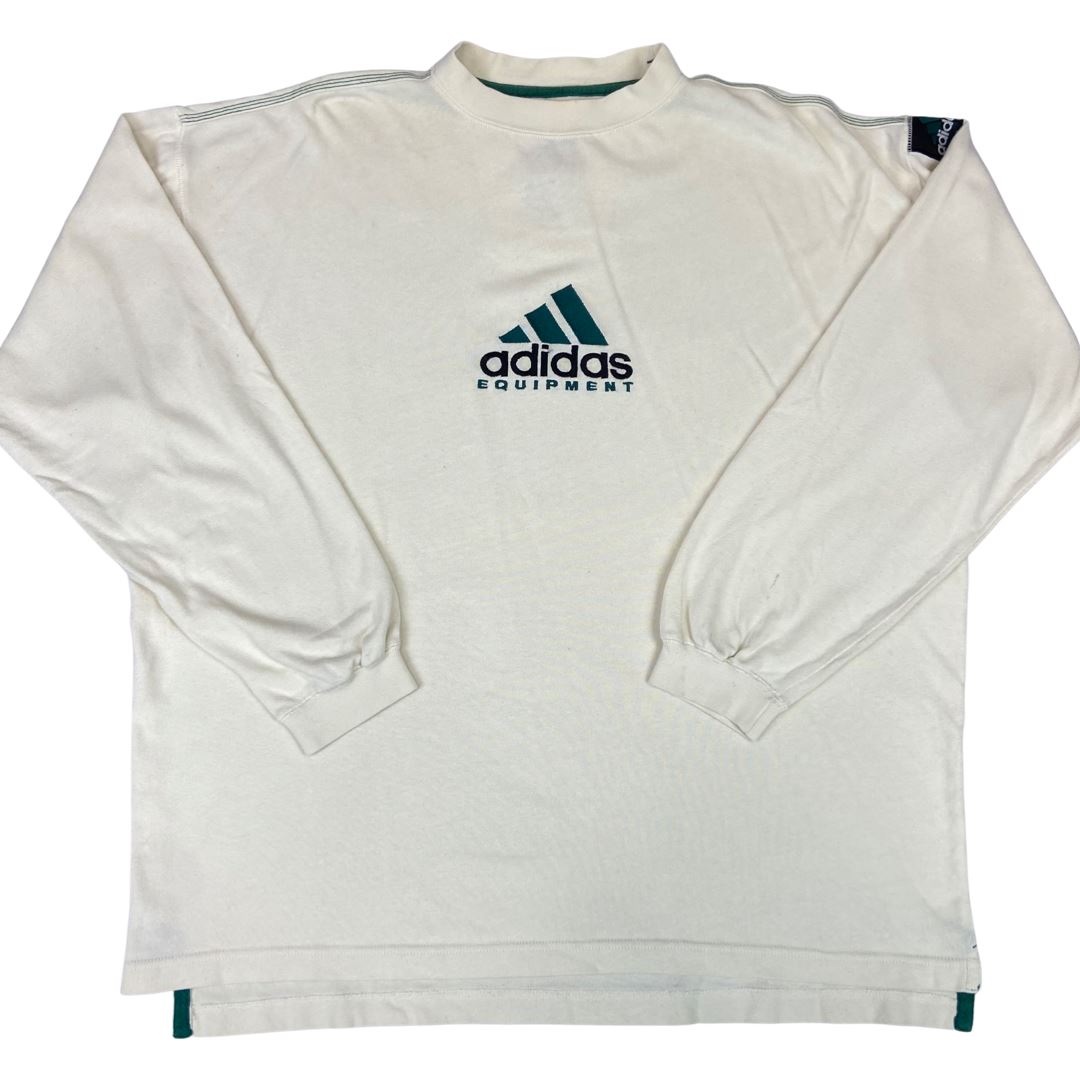 Vintage 90s Cream Green Embroidered Logo Adidas Long Sleeve T-shirt XL