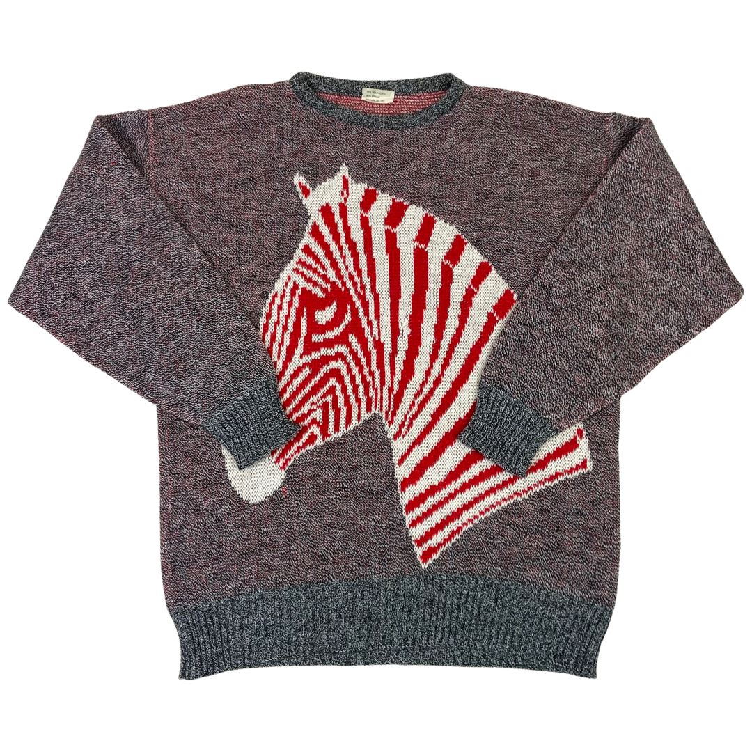 Vintage 90s Grey Red White Zebra Graphic Crew Neck Jumper 12 14 M