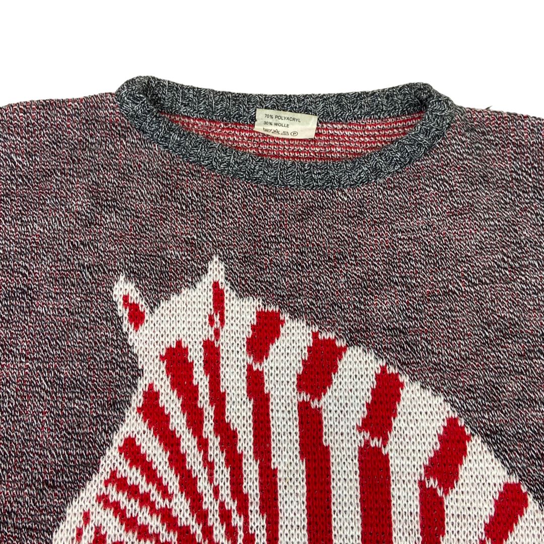 Vintage 90s Grey Red White Zebra Graphic Crew Neck Jumper 12 14 M