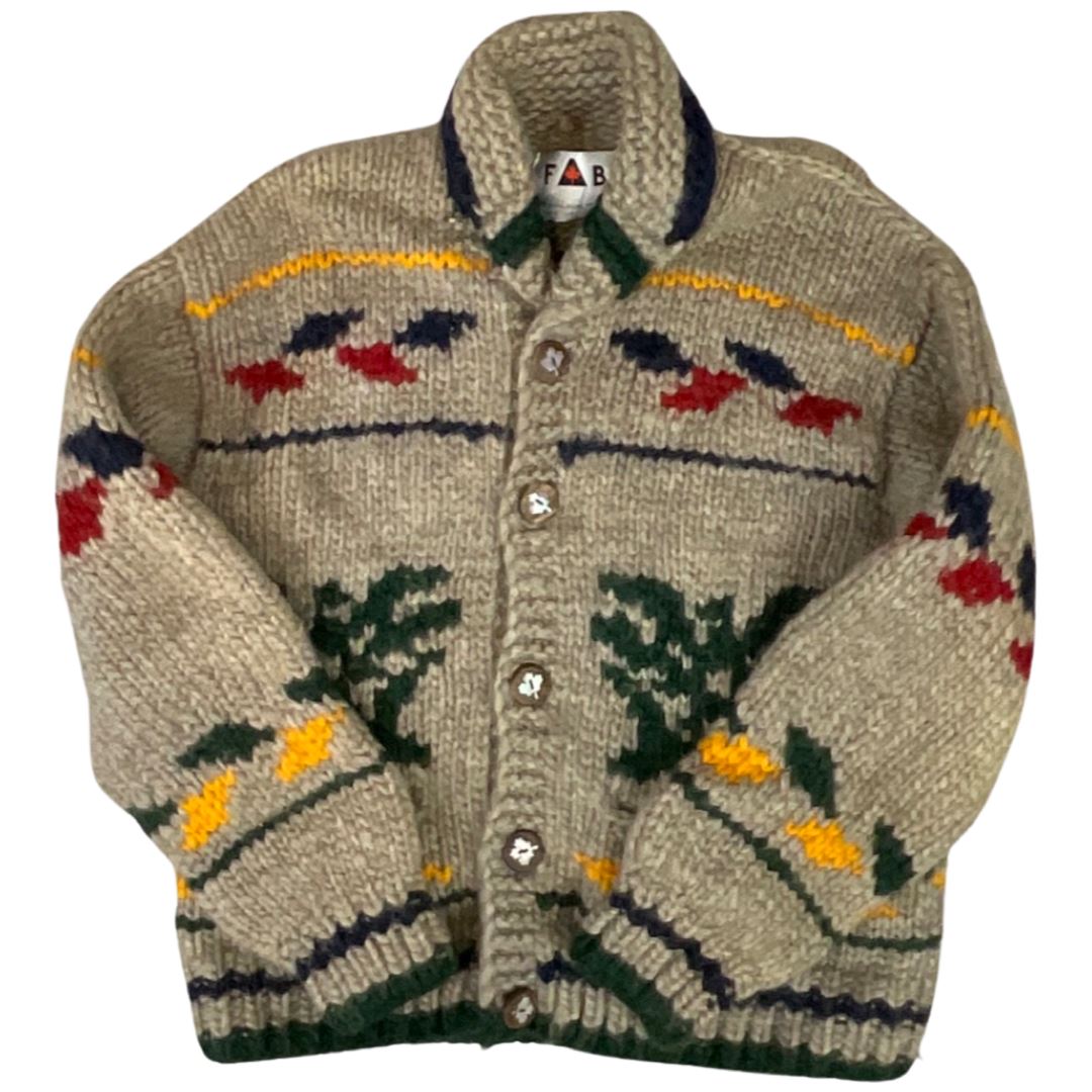 VINTAGE 1950s STYLE MENS NATIVE COWICHAN GRAPHIC KNIT ROCKABILLY CARDIGAN L 41”