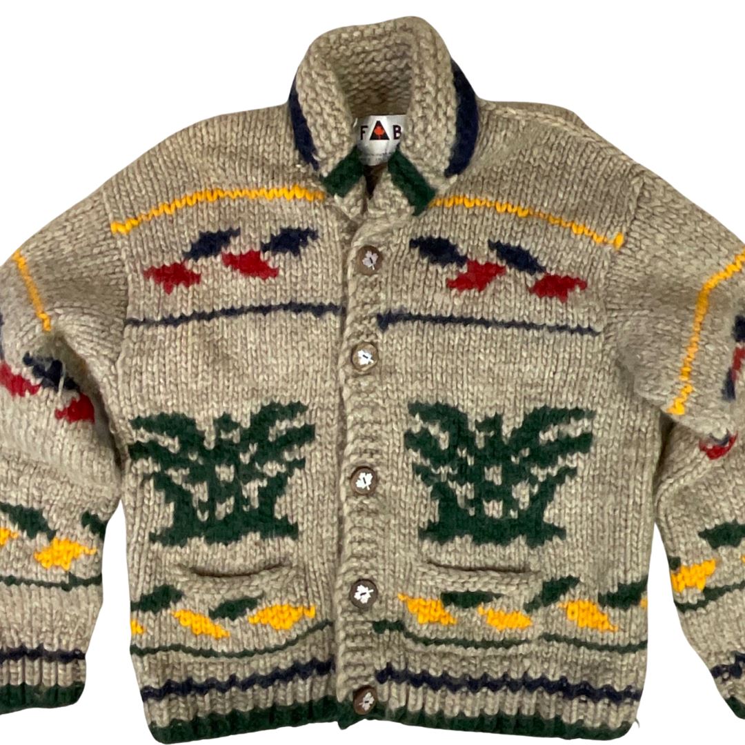 VINTAGE 1950s STYLE MENS NATIVE COWICHAN GRAPHIC KNIT ROCKABILLY CARDIGAN L 41”