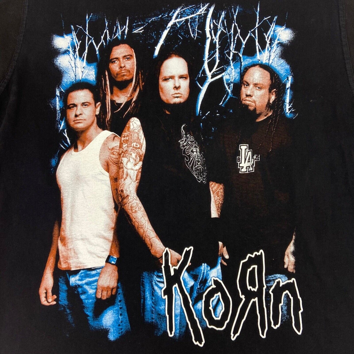 Vintage 90s Black Blue Korn Graphic Print T-shirt M