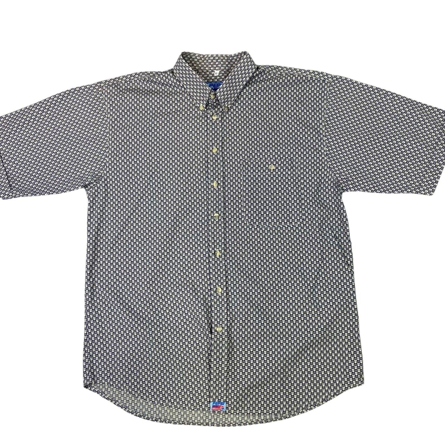 Vintage 90s Rare Cream Blue Pepsi All Over Print Button Down Shirt L