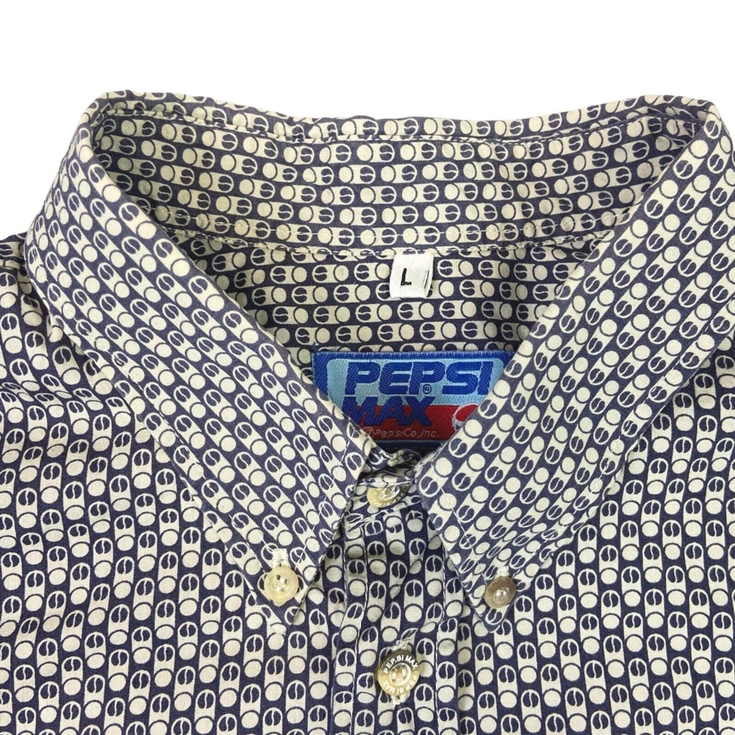 Vintage 90s Rare Cream Blue Pepsi All Over Print Button Down Shirt L