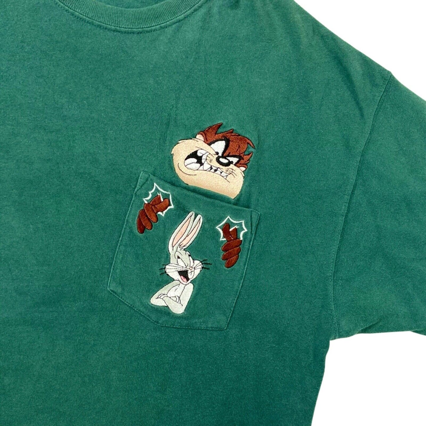 Vintage 90s 00s Green Looney Tunes Embroidered T-Shirt L