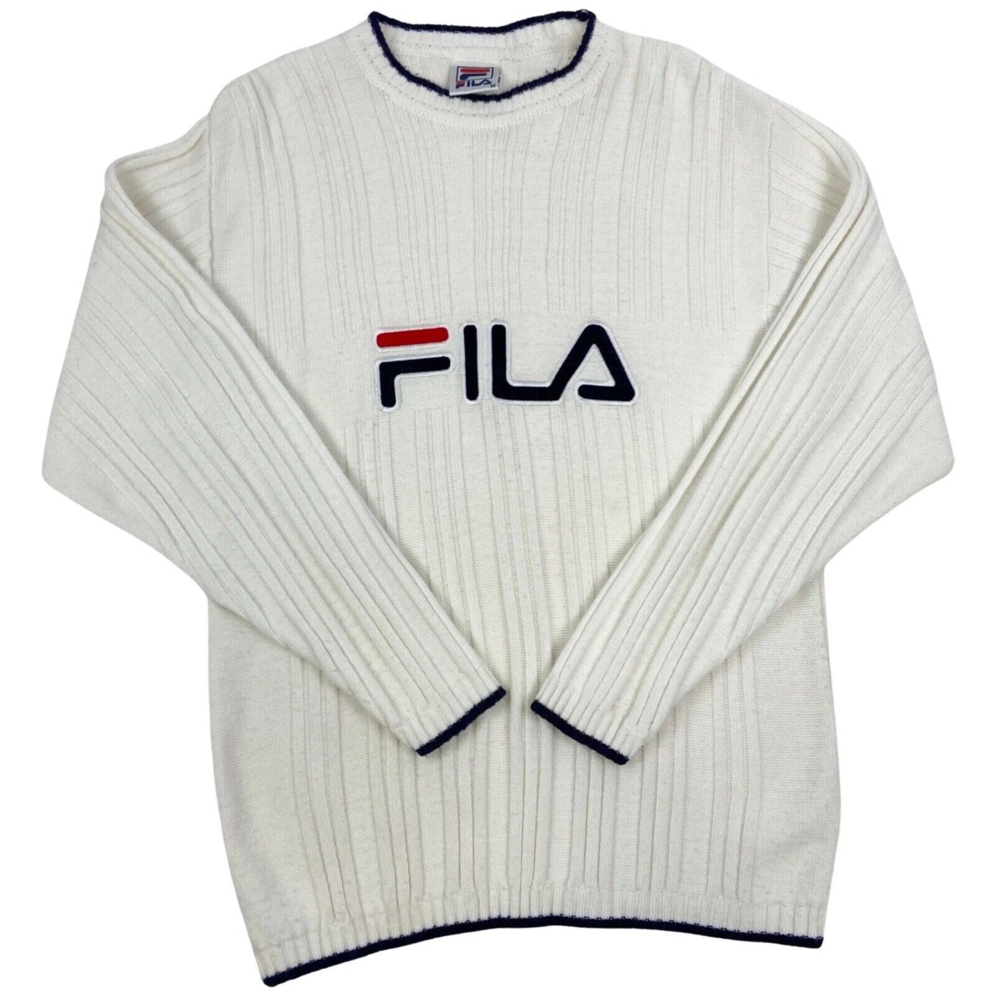 Vintage 90s White Fila Spell Out Embroidered Knit Sweater L