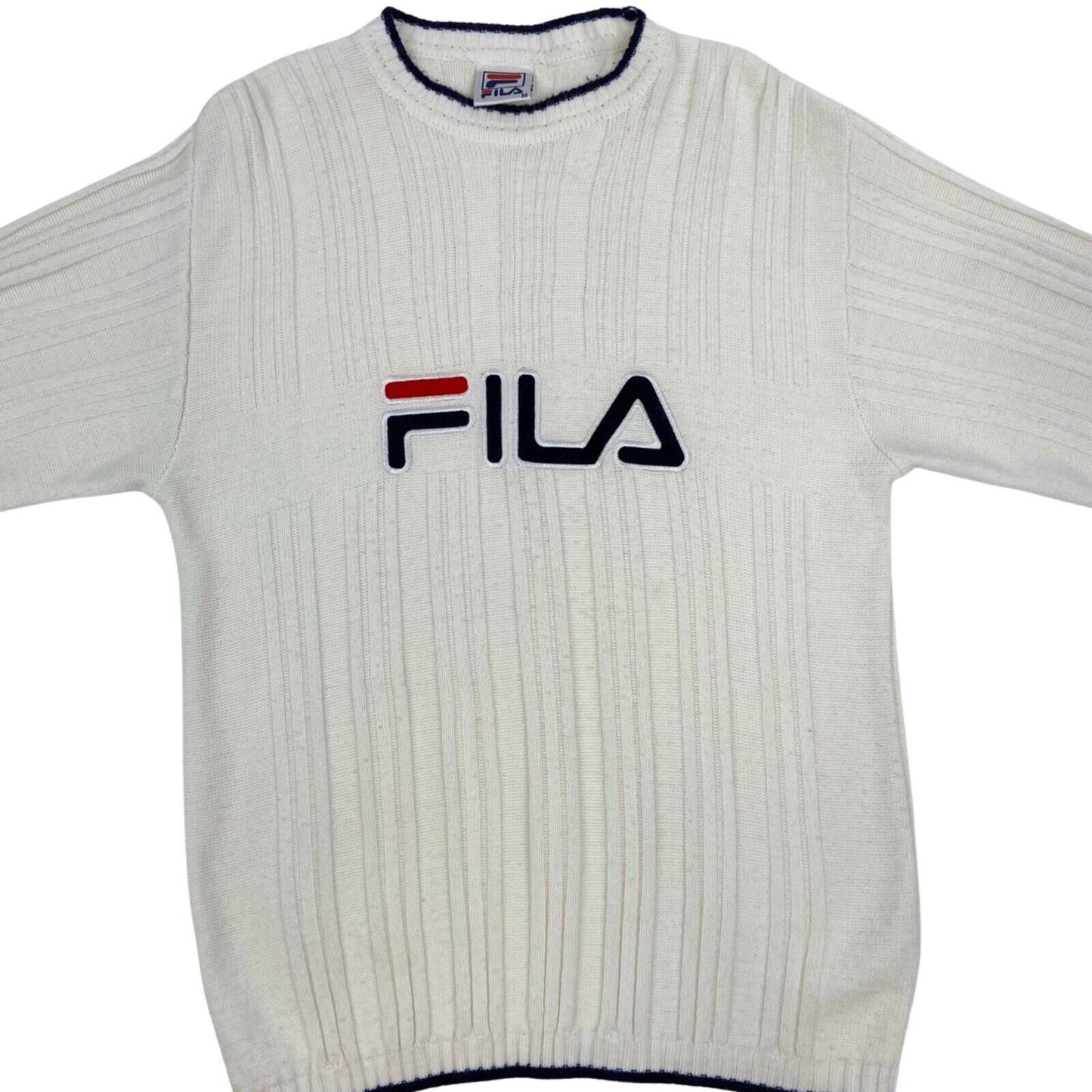 Vintage 90s White Fila Spell Out Embroidered Knit Sweater L
