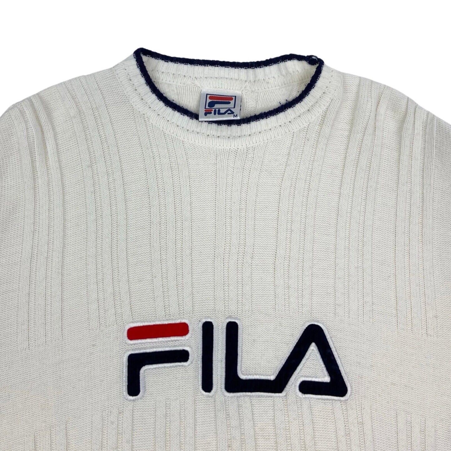 Vintage 90s White Fila Spell Out Embroidered Knit Sweater L