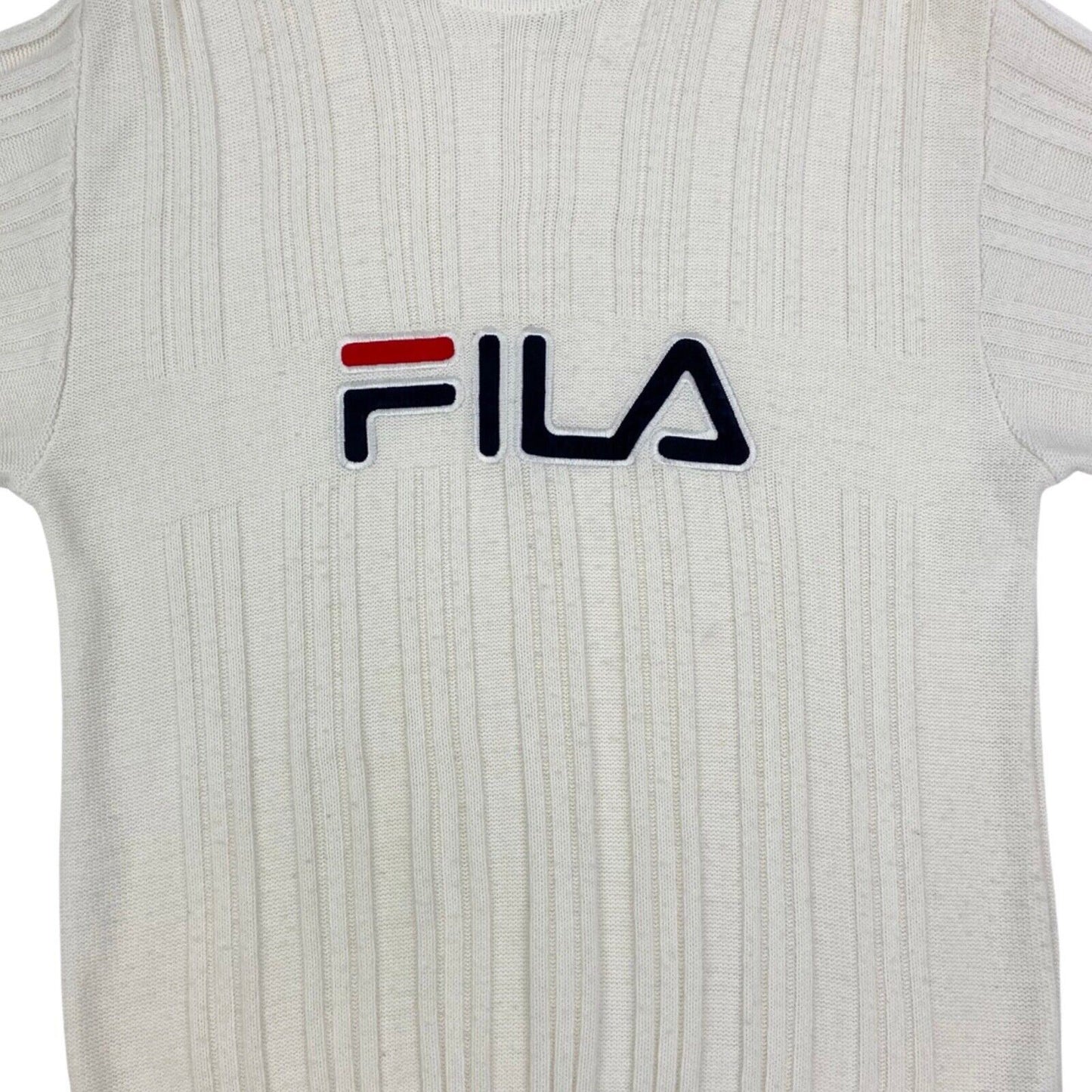 Vintage 90s White Fila Spell Out Embroidered Knit Sweater L