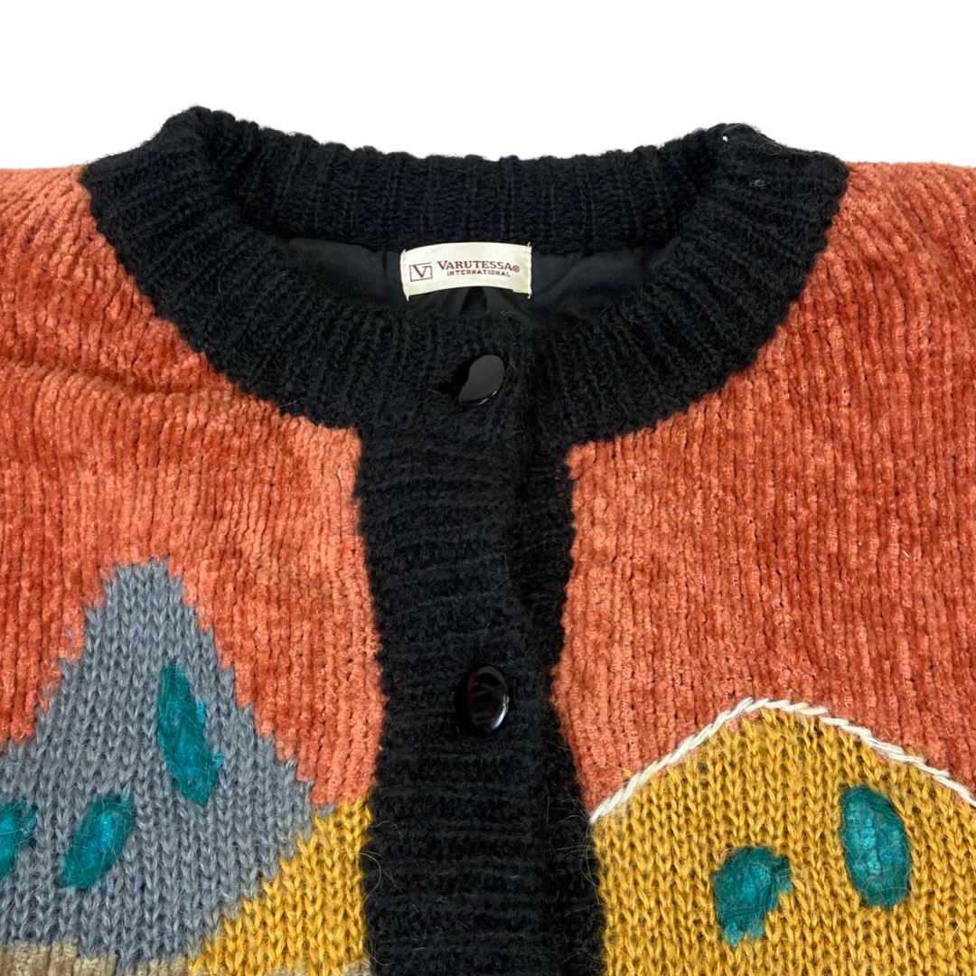 Vintage 80s 90s Black Orange Blue Chenille Graphic Knitted Cardigan 14 M L