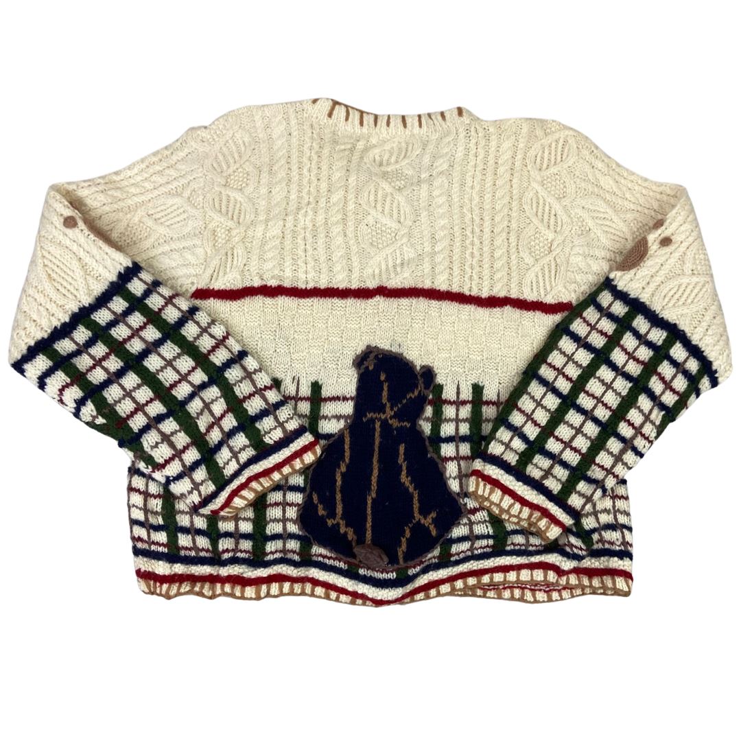 Vintage 80s 90s Beige Teddy Bear Graphic Knitted Embellished Cardigan 12 M