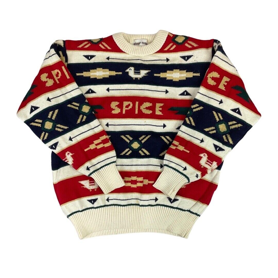 Vintage 90s 00s Red Blue Geometric Pattern World Spice Knitted Padded Jumper S