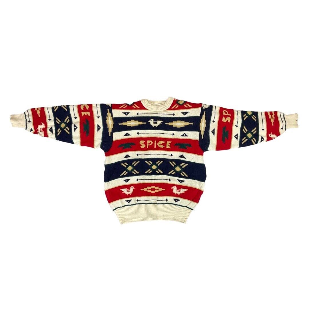 Vintage 90s 00s Red Blue Geometric Pattern World Spice Knitted Padded Jumper S