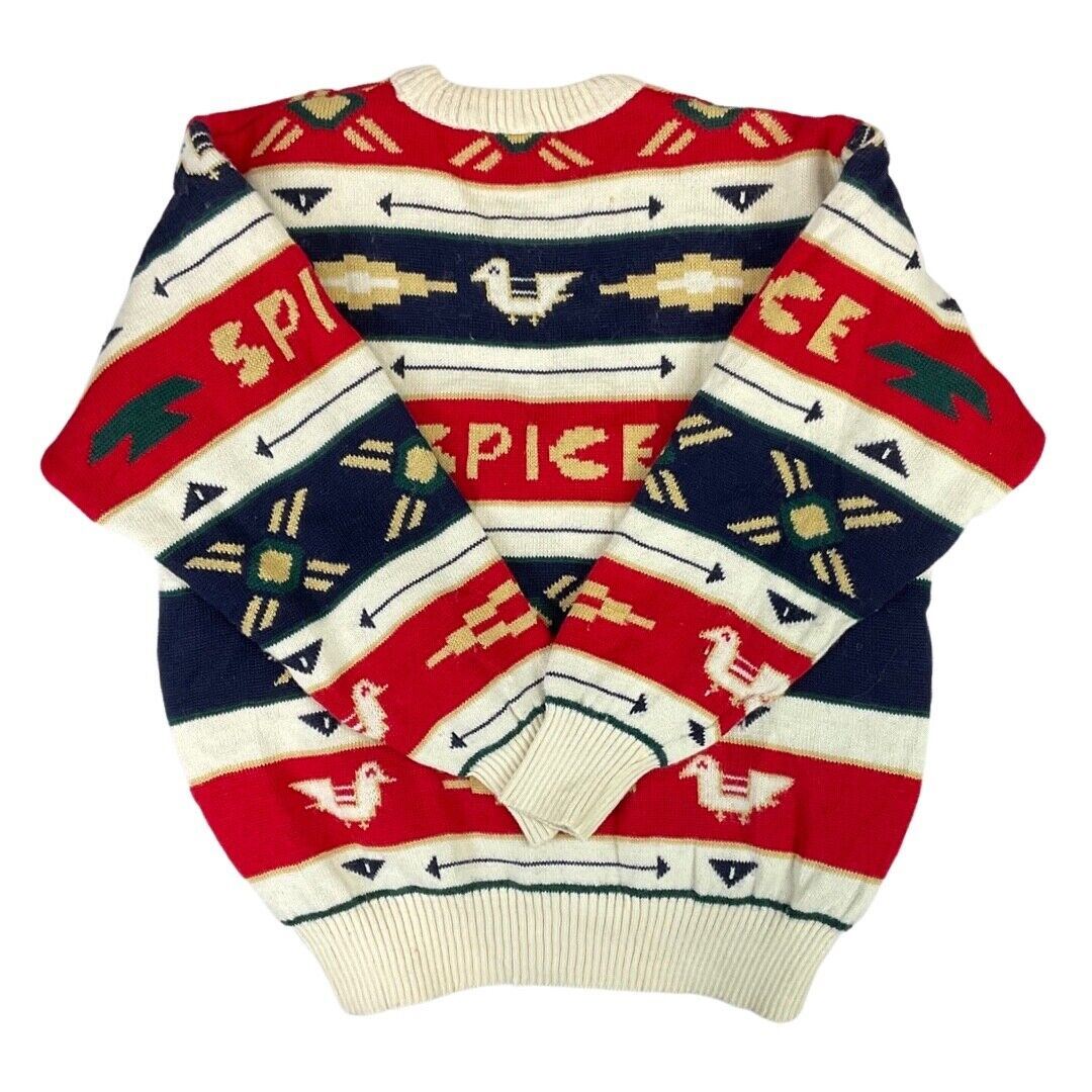 Vintage 90s 00s Red Blue Geometric Pattern World Spice Knitted Padded Jumper S