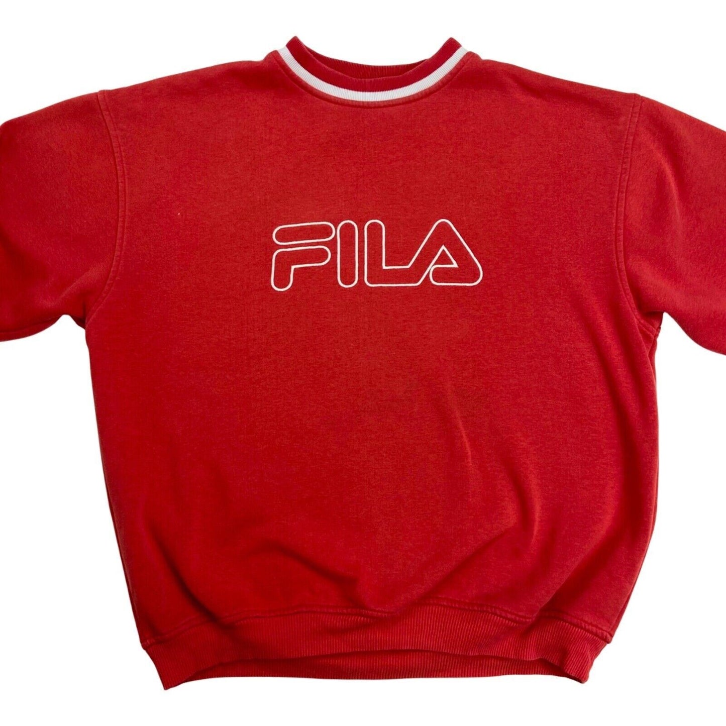 Vintage 90s Red White Embroidered Fila Spellout Logo Sweater XL