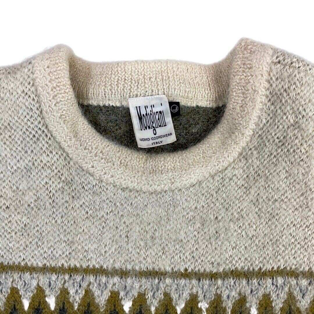 Vintage 80s 90s Cream Grey Alpaca Zig-Zag Patterned Knitted Jumper S M