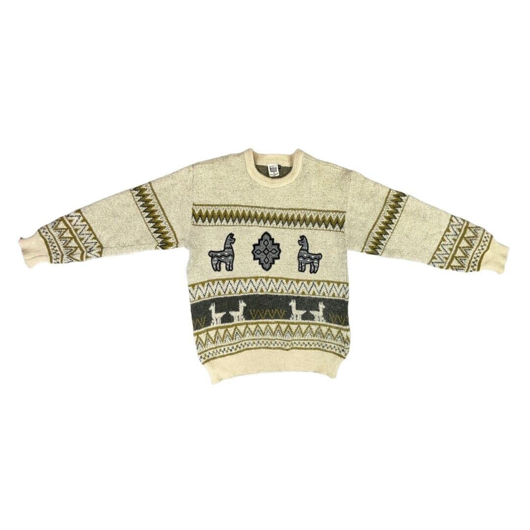 Vintage 80s 90s Cream Grey Alpaca Zig-Zag Patterned Knitted Jumper S M