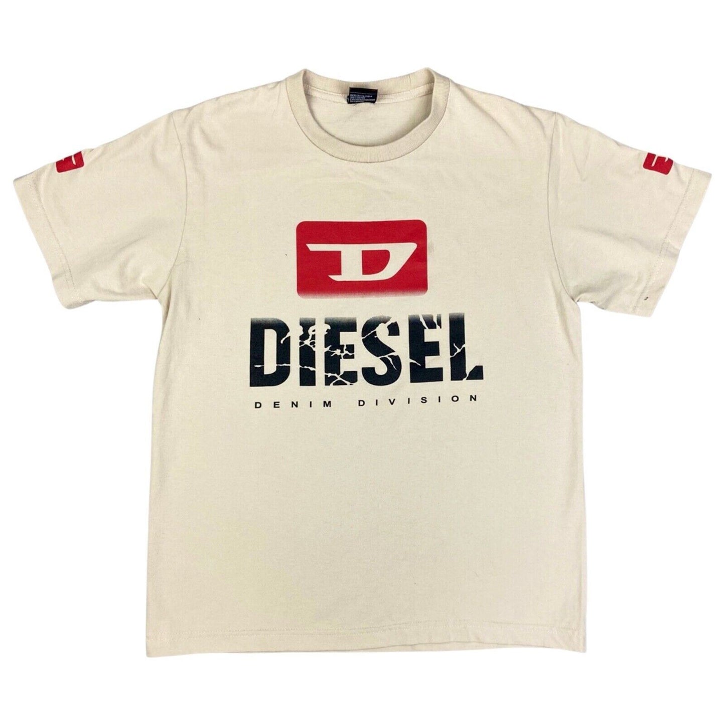 Vintage Y2K Beige Red Diesel Print Graphic Logo T-shirt S