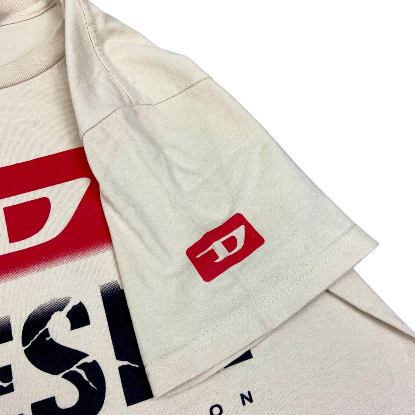 Vintage Y2K Beige Red Diesel Print Graphic Logo T-shirt S