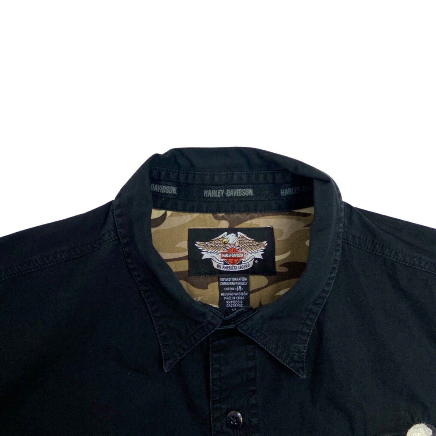 Vintage Y2K Black Harley Davidson Embroidered Skull Shirt XL