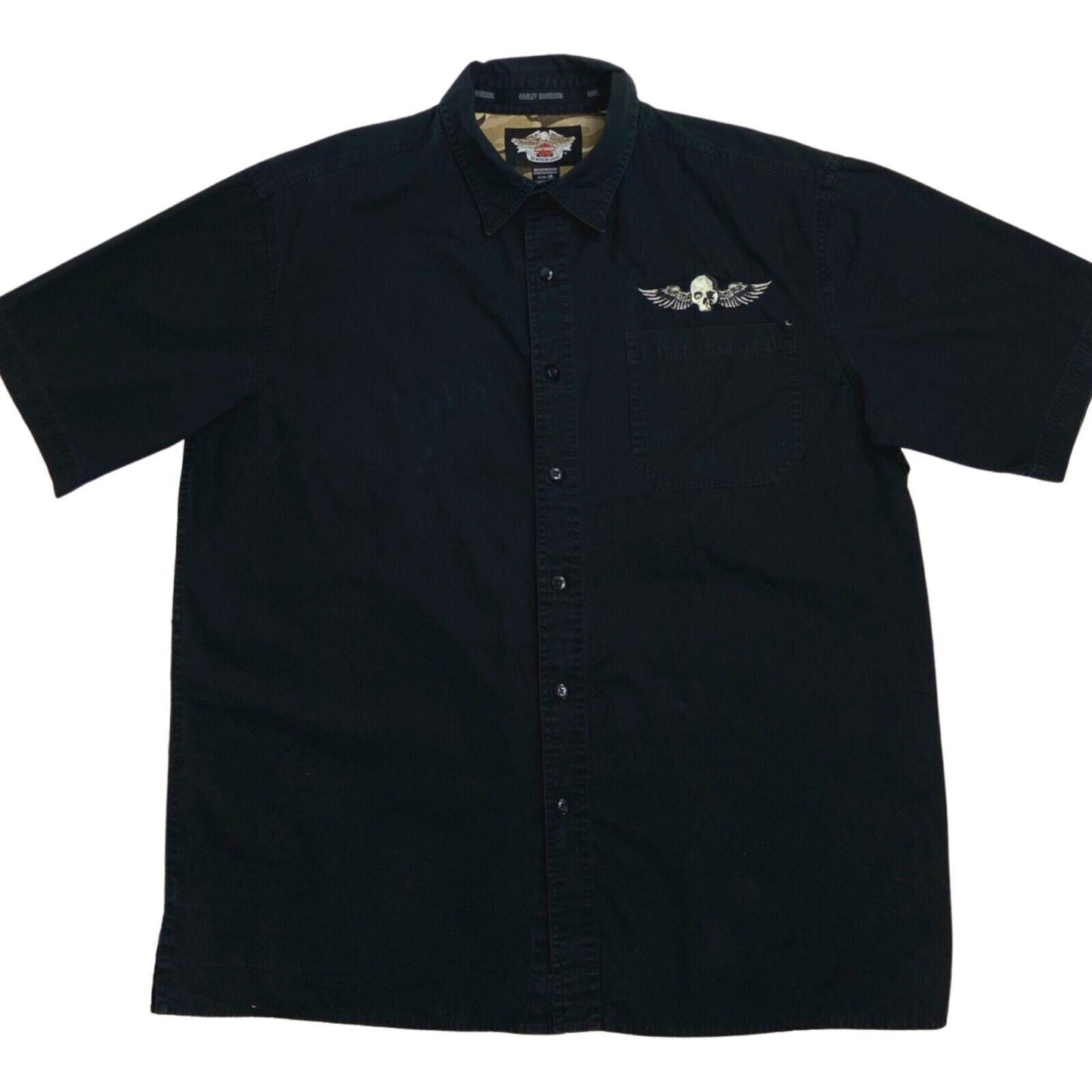 Vintage Y2K Black Harley Davidson Embroidered Skull Shirt XL