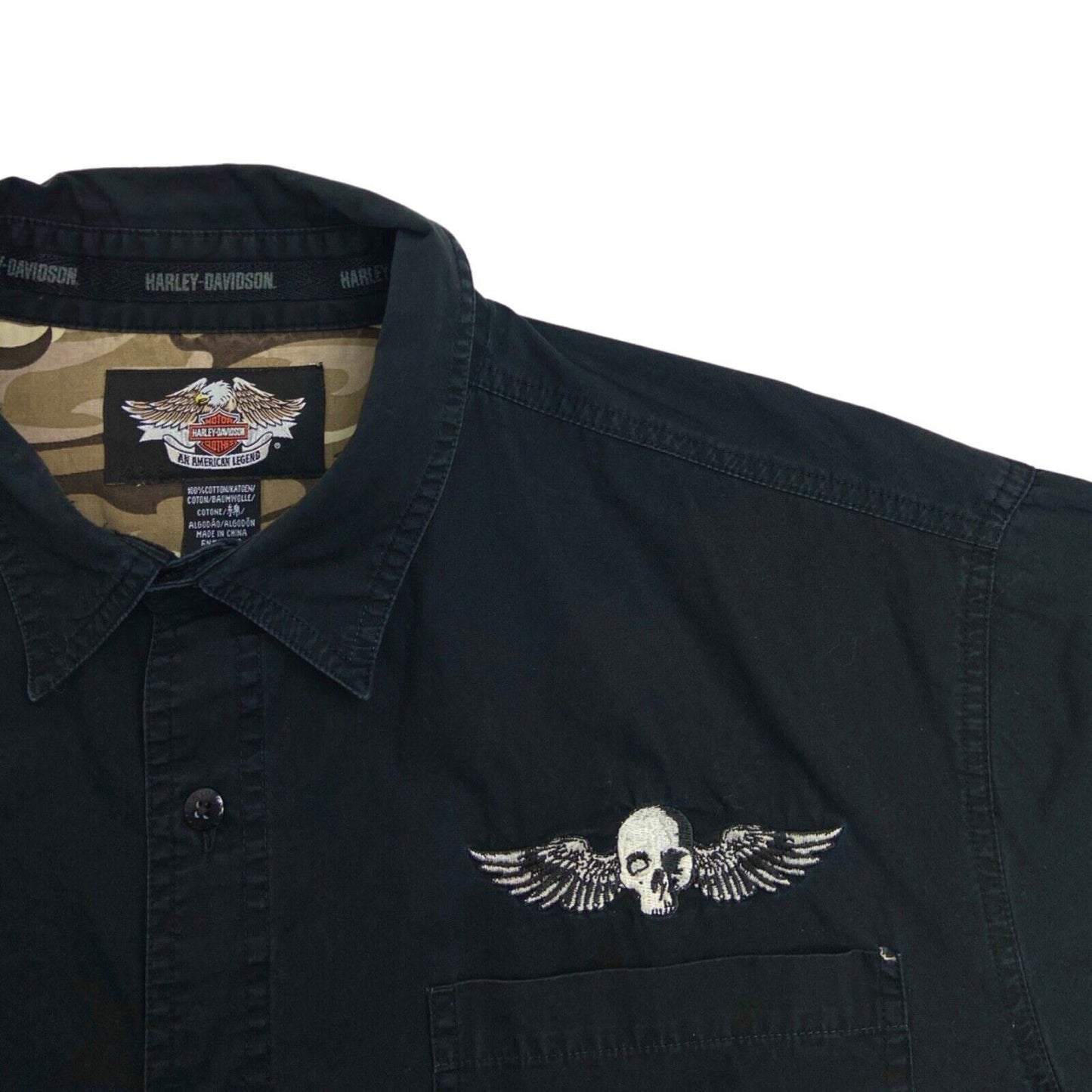 Vintage Y2K Black Harley Davidson Embroidered Skull Shirt XL