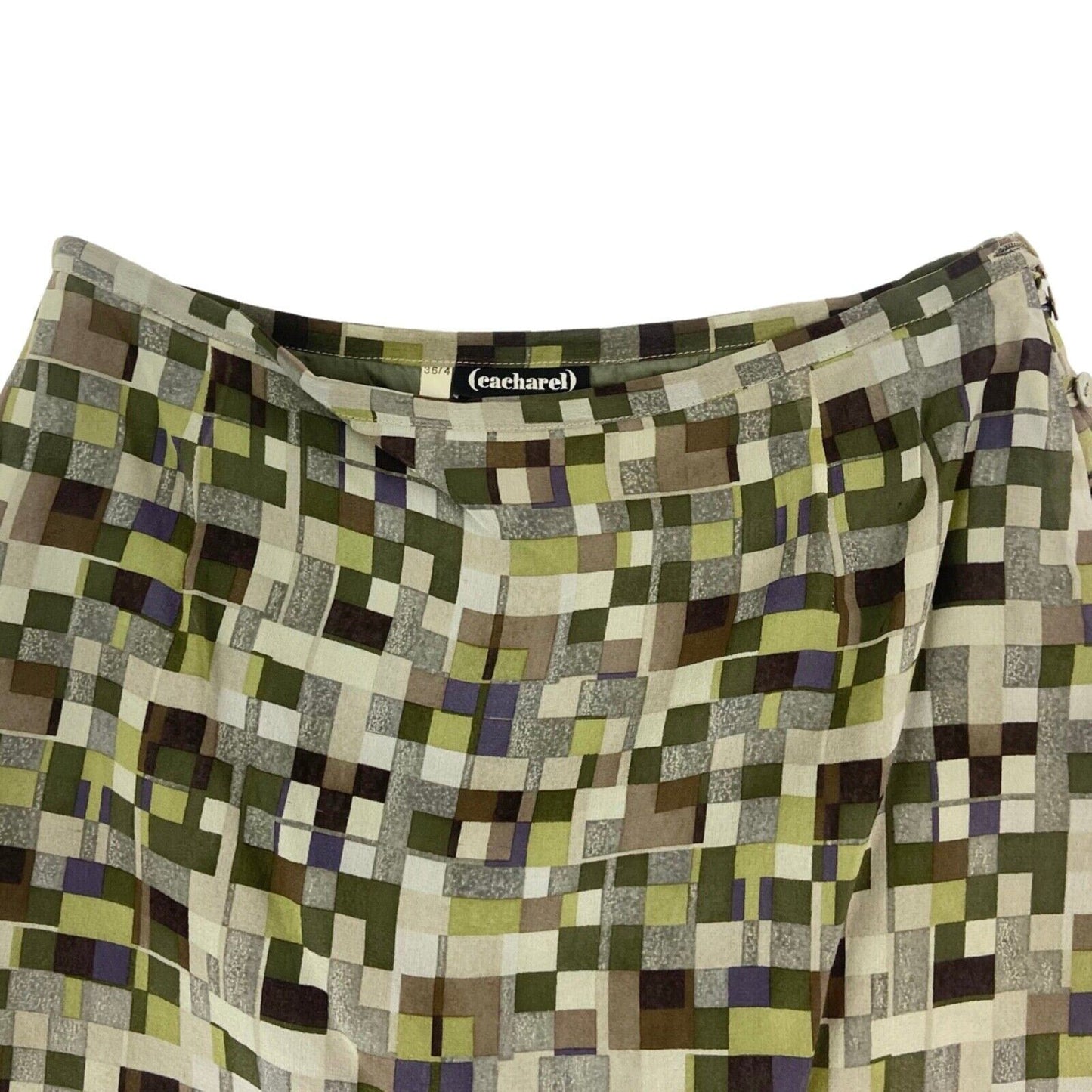 Vintage 90s Green Geometric Print Cacharel Silk Midi Skirt 6 XS