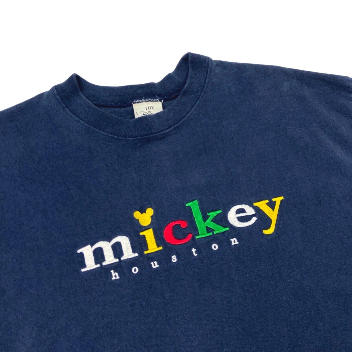 Vintage 90s Navy Blue Mickey Mouse Houston Embroidered Disney T-shirt L