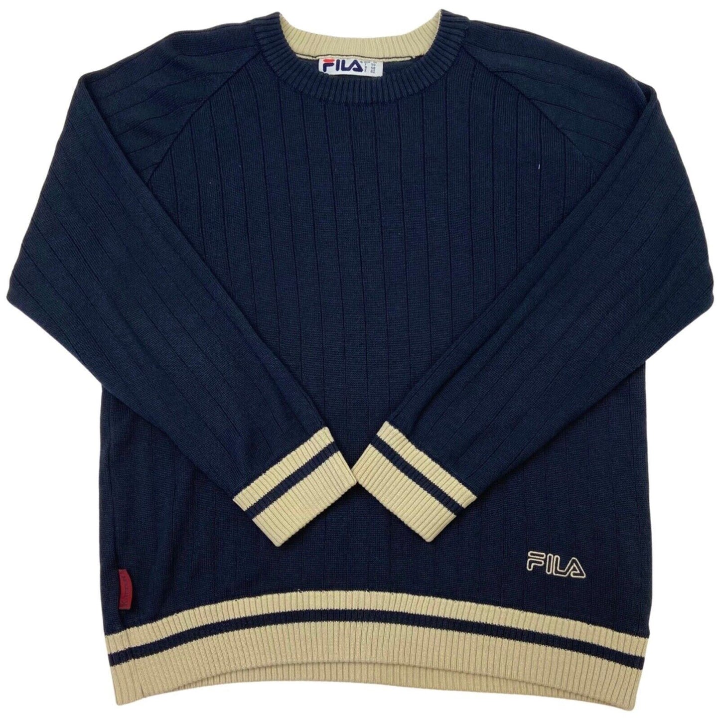 Vintage 90s Navy Blue Cream Embroidered Fila Knit Sweater L