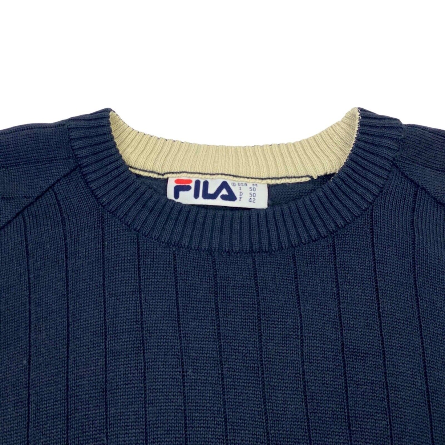 Vintage 90s Navy Blue Cream Embroidered Fila Knit Sweater L