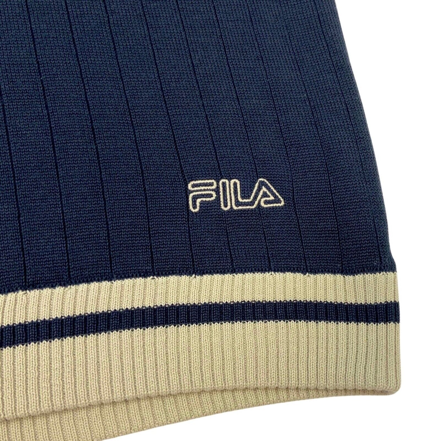 Vintage 90s Navy Blue Cream Embroidered Fila Knit Sweater L