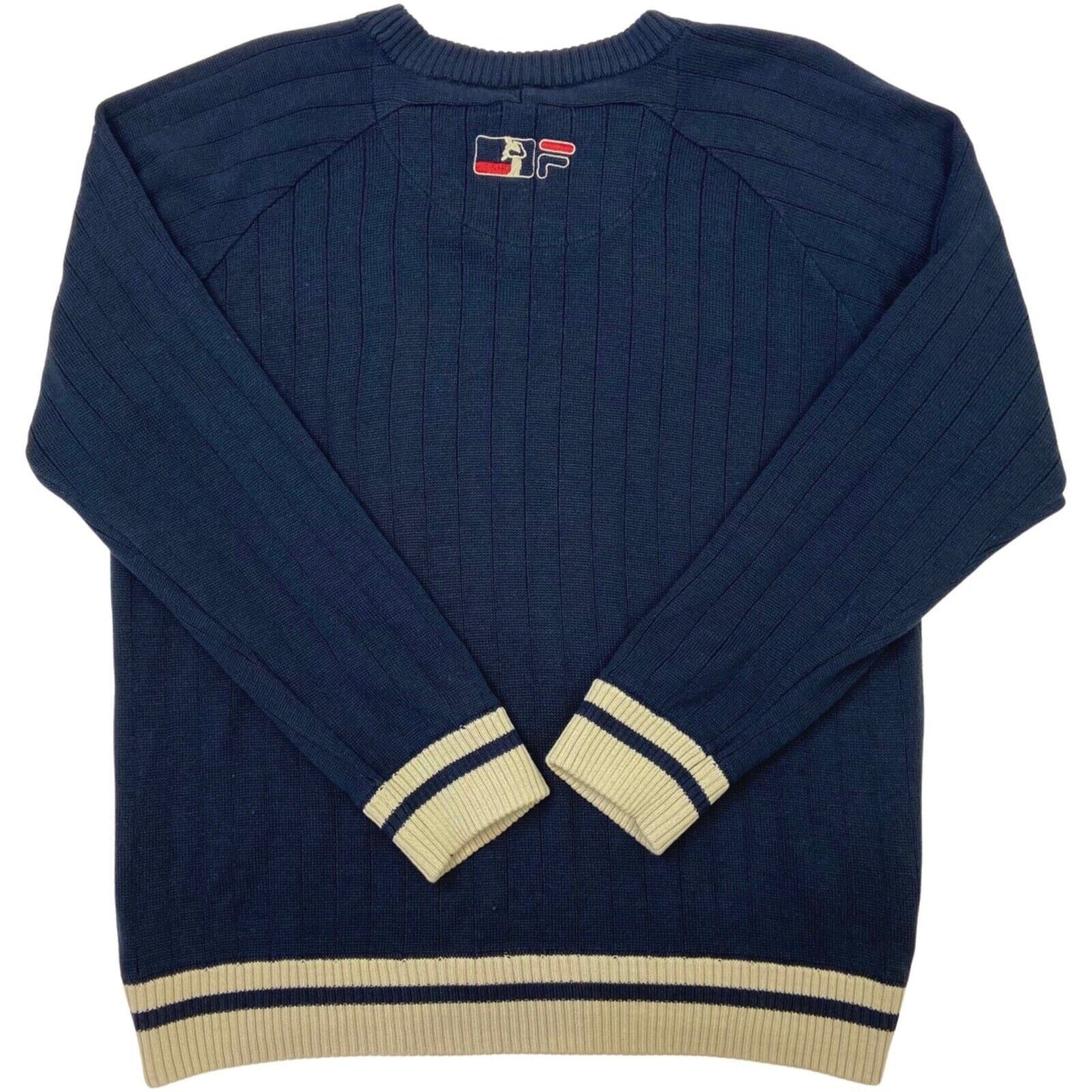 Vintage 90s Navy Blue Cream Embroidered Fila Knit Sweater L