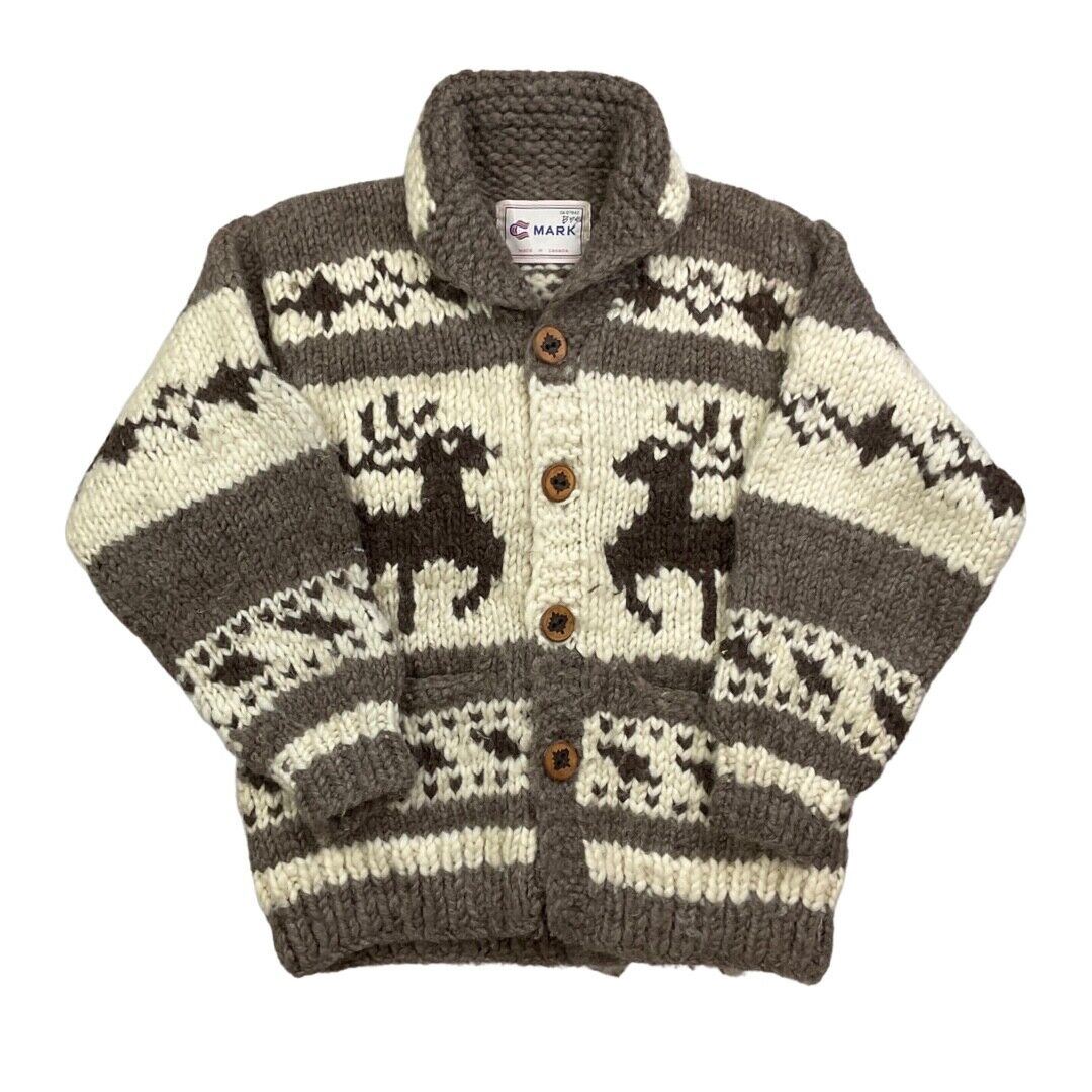 VINTAGE 70s MENS CREAM WOOL COWICHAN GRAPHIC KNIT ROCKABILLY CARDIGAN 40” M