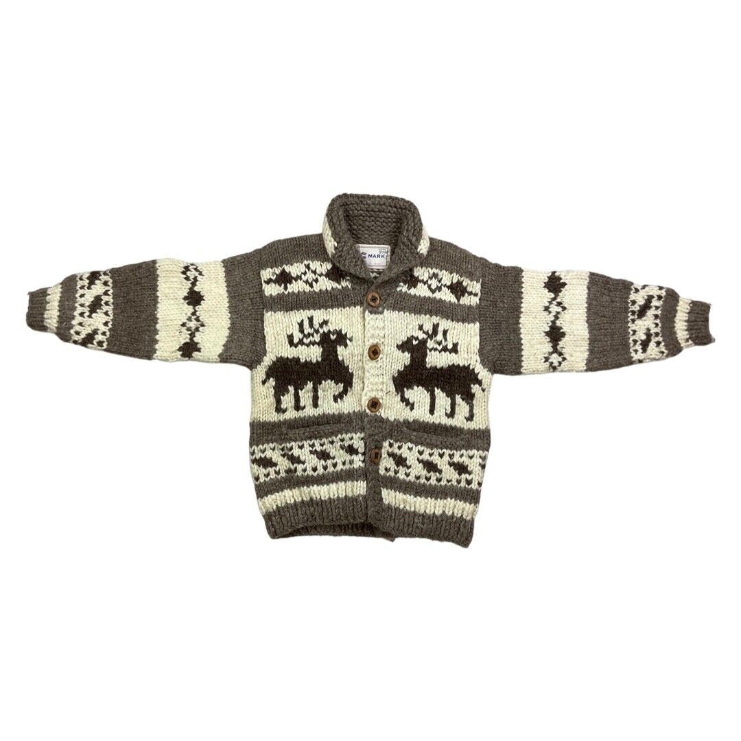 VINTAGE 70s MENS CREAM WOOL COWICHAN GRAPHIC KNIT ROCKABILLY CARDIGAN 40” M