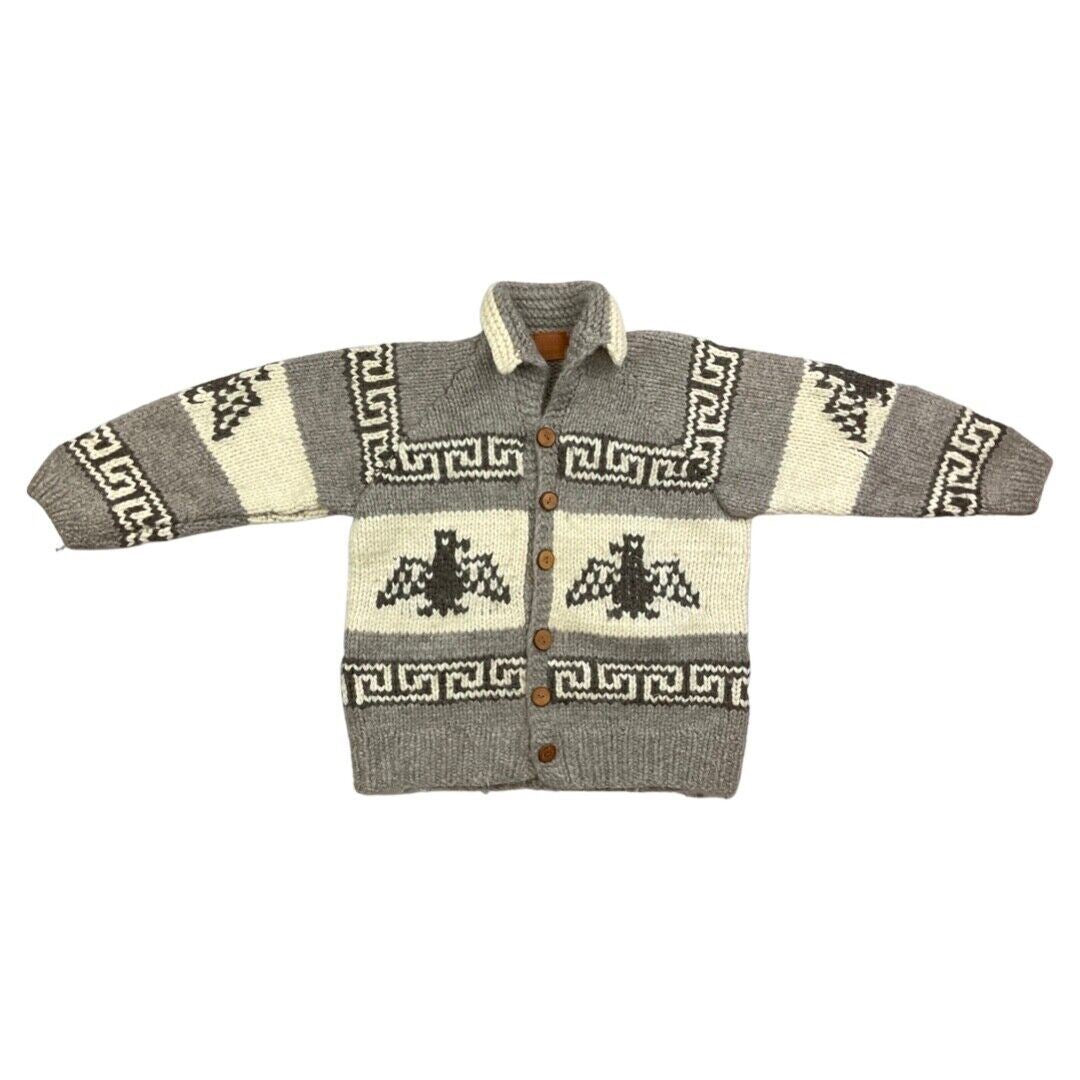 VINTAGE 70s MENS BROWN WOOL COWICHAN GRAPHIC KNIT ROCKABILLY CARDIGAN 44” L