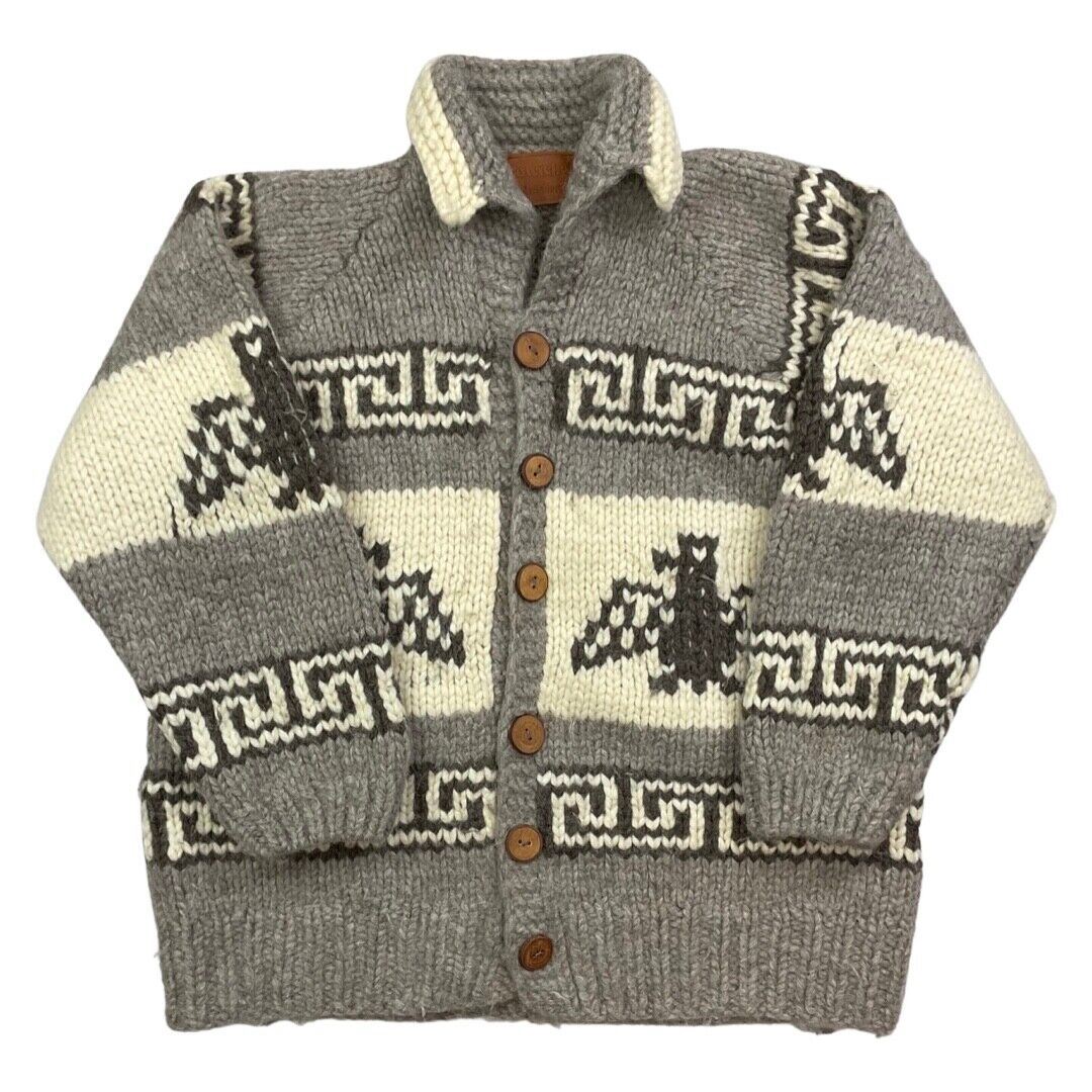 VINTAGE 70s MENS BROWN WOOL COWICHAN GRAPHIC KNIT ROCKABILLY CARDIGAN 44” L