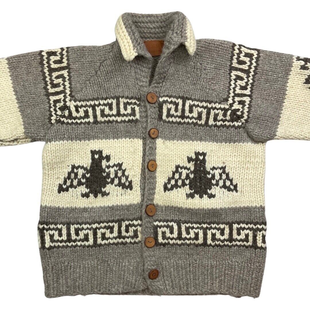 VINTAGE 70s MENS BROWN WOOL COWICHAN GRAPHIC KNIT ROCKABILLY CARDIGAN 44” L