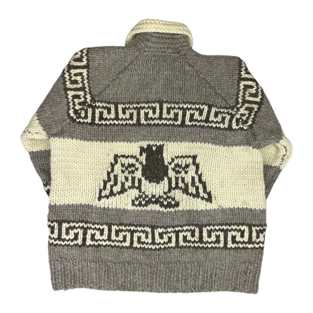VINTAGE 70s MENS BROWN WOOL COWICHAN GRAPHIC KNIT ROCKABILLY CARDIGAN 44” L